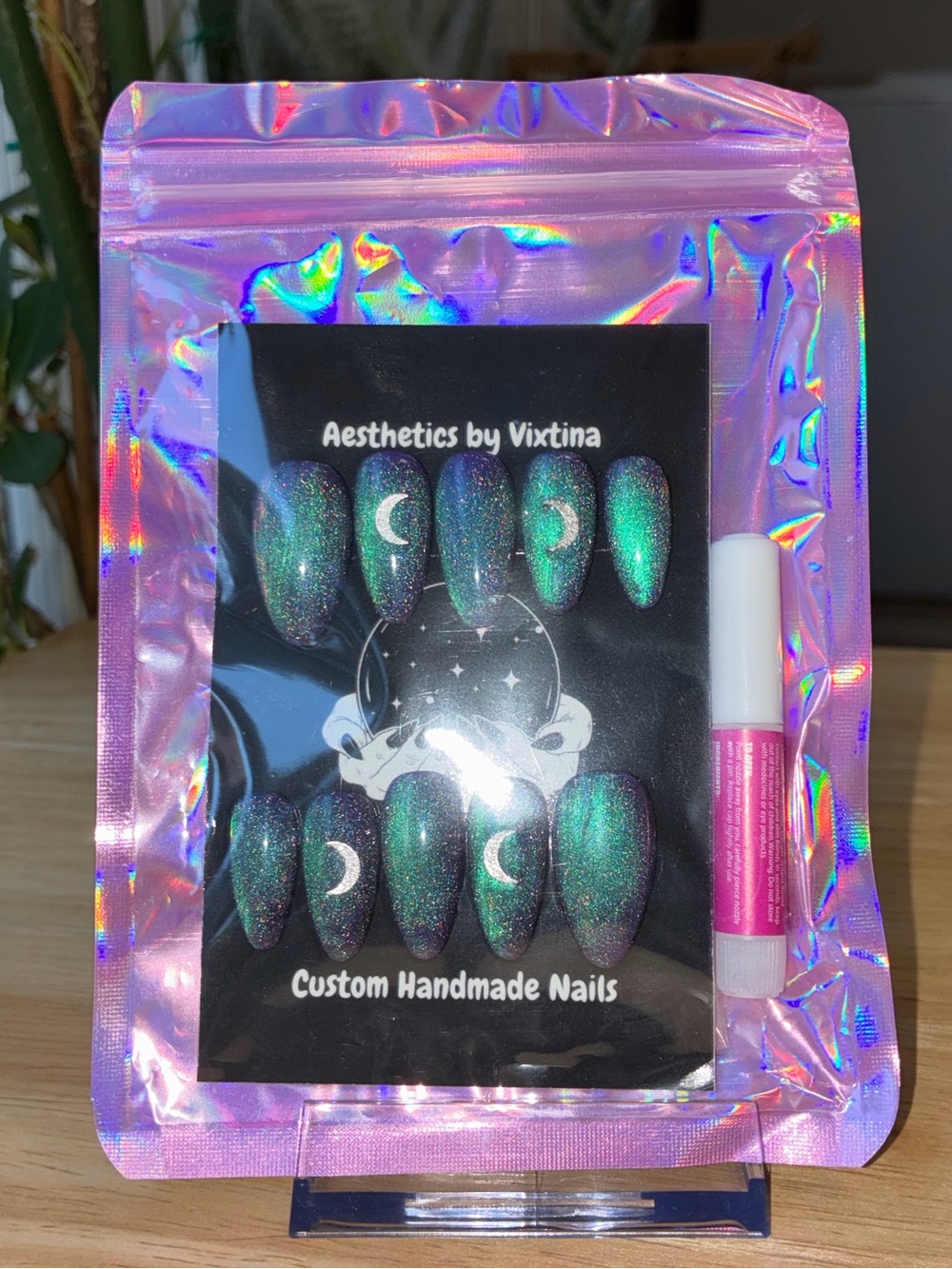 Custom Galaxy Crescent Moon Press-On Nails Emerald, Purple Holographic Almond